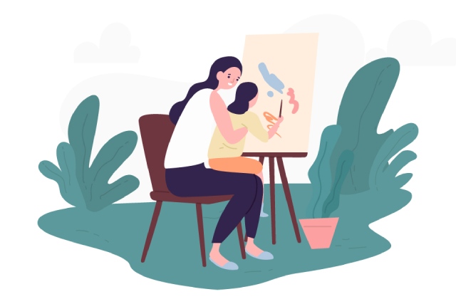 Ilustración de mujer ayudando a pintar a una niña colombiana